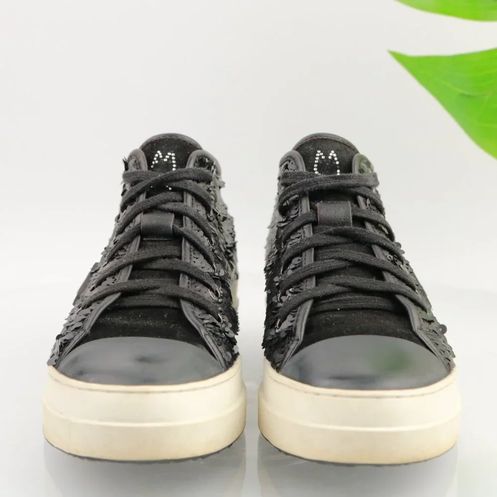 RUCOLINE Womens Sneaker Size 36 6 Black Leather Sequins Star Studs Platform Shoe